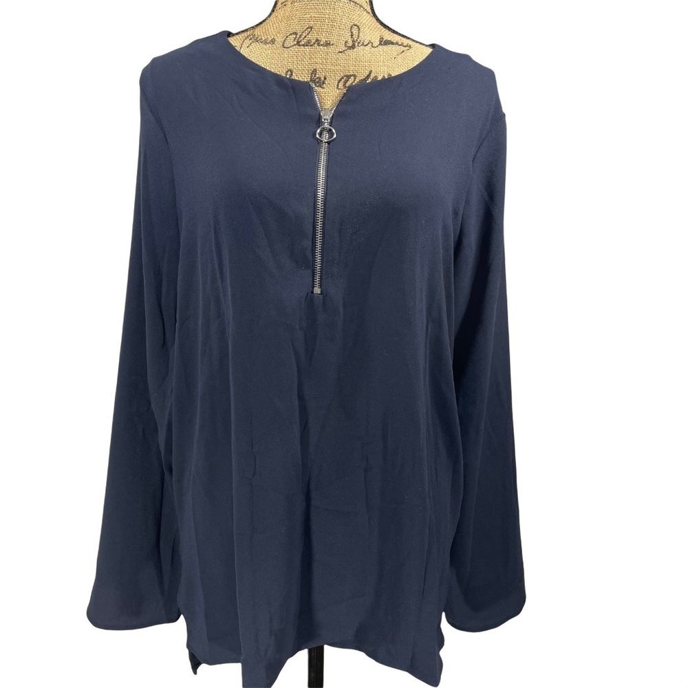 Ann Taylor Zip Front Blouse Navy Blue Size Large